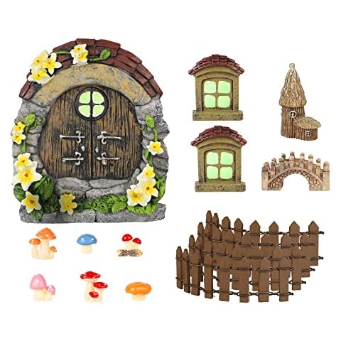 WEWEOW Fairy Door and Windows for Tree, Kit of 16pcs Glow in The Dark Yard Art Sculpture Decoration for Kids Room, Wall and Trees Outdoor - Miniature Fairy Garden Outdoor Decor Accessories Cover