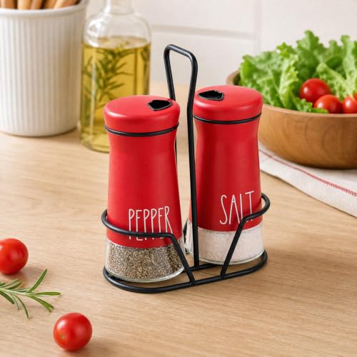 Image of Aelga Farmhouse Salt & Pepper Shakers with Holder, Adjustable Holes - Red | 4oz glass body, wide mouths for easy refills and cleaning, closed lids help keep spices fresh for kitchen and dining use.