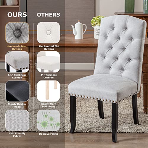 Colamy Button Tufted Dining Chairs Set Of 6, Upholstered Parsons Dining Room Chairs, Fabric Kitchen Side Chair With Nailhead Trim And Wood Legs, Light Grey #TOP4
