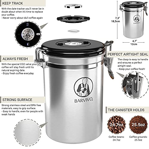 Barvivo Coffee Canister For Ground Coffee & Coffee Beans - Airtight Coffee Container With Co2-Release Valve, Date Tracker & Measuring Scoop - Coffee Accessories Ideal As Valentines Day Gifts - Silver #TOP2