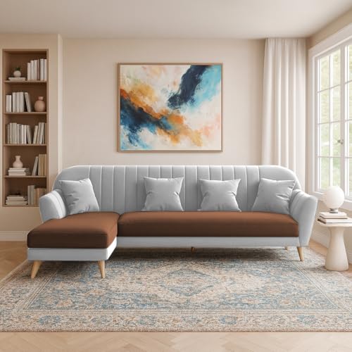 Image of Atticus LHS 6 Seater L Shape Sofa Set for Living Room (Brown Grey Fabric) Premium Fabric Sofa Set