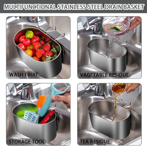 Image of Stainless Steel Sink Drain Strainer Basket, Multifunctional Hanging Sink Strainer Colander Drain Basket for Filter Food Waste and Wash Fruits or Vegetables Kitchen Tools & Gadgets (Silver)