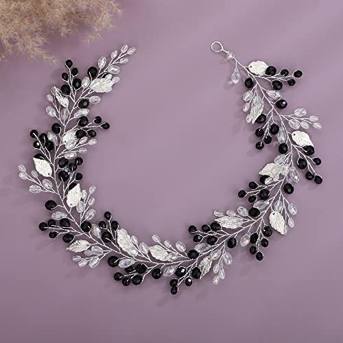 Teyglen Bridal Wedding Hair Vine Headband Silver Leaf Bridal Crystal Hair Pieces Handmade Black Rhinestone Headpiece Hair Accessories for Women Bride(Black)