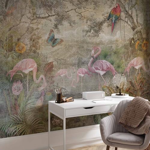 artgeist Wall Mural Retro 98x69 in - XXL Non-Woven Wallpaper Fleece Wall Decor Photo Print Picture Image Abstract Vintage Flowers Animals Flamingo g-C-0392-a-a
