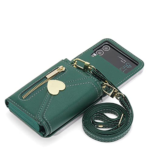 Coque en cuir vert Samsung Flip 4 avec bandoulière et fentes pour cartes Love de qualité