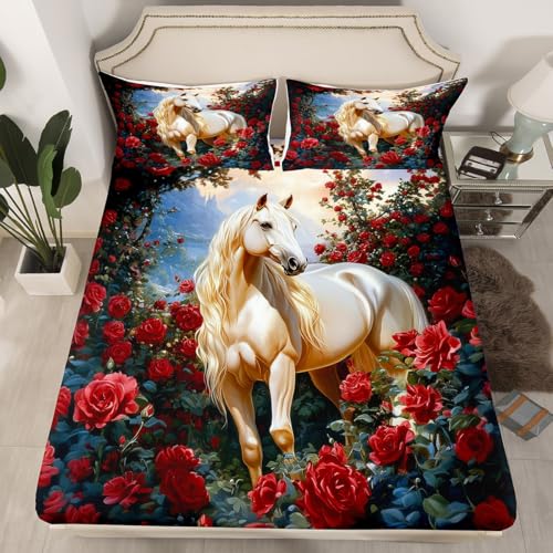 Loussiesd Juego de sábanas bajeras con diseño de caballo blanco en 3D para niños y niñas, juego de ropa de cama con diseño de caballo rojo, colección de dormitorio, 3 piezas, tamaño doble, sin sábana