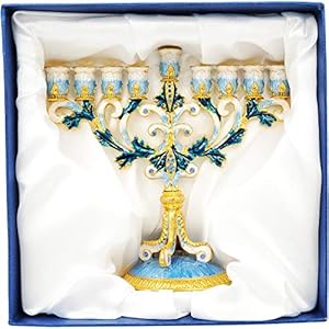 Thedreidelcompanyenameledmetalmenorahwithjeweledaccentshandpaintedenamelmenorahbluewhitegoldgreen Urban Country Home Decor The dreidel company enameled metal menorah with jeweled accents hand painted enamel menorah bluewhitegoldgreen urban country home decor