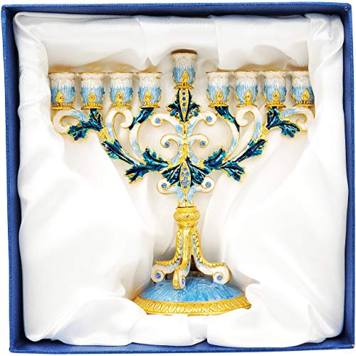 Thedreidelcompanyenameledmetalmenorahwithjeweledaccentshandpaintedenamelmenorahbluewhitegoldgreen Urban Country Home Decor The dreidel company enameled metal menorah with jeweled accents hand painted enamel menorah bluewhitegoldgreen urban country home decor