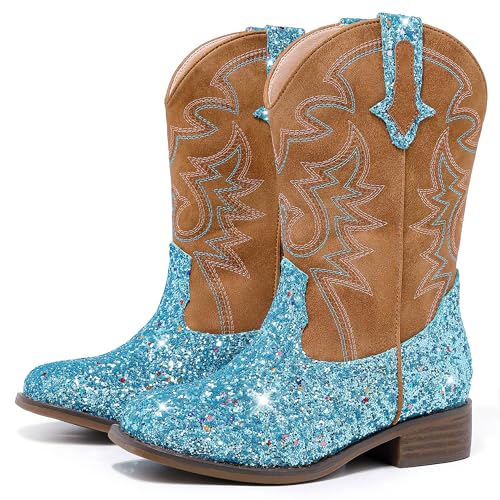 Girls Cowgirl Boots Mid Calf Square Toe Western Boot for Kids Glitter Cowboy Boot in Party for Toddler Little Big Girls Riding Shoes