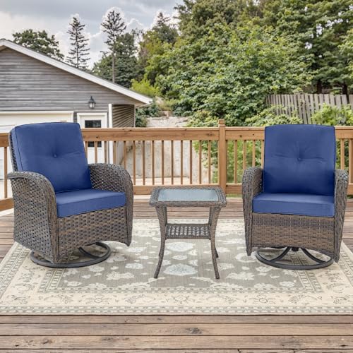 Outdoor-Swivel-Glider-Rocker-Chairs-3-Piece-Patio-Furniture-Set-Patio-Bistro-Sets-with-Tempered-Glass-Side-Table-for-Balcony-Porch-Brown-Wicker-Blue-Cushion Outdoor Swivel Glider Rocker Chairs 3 Piece Patio Furniture Set Patio Bistro Sets with Tempered Glass Side Table for Balcony Porch Brown Wicker Blue Cushion