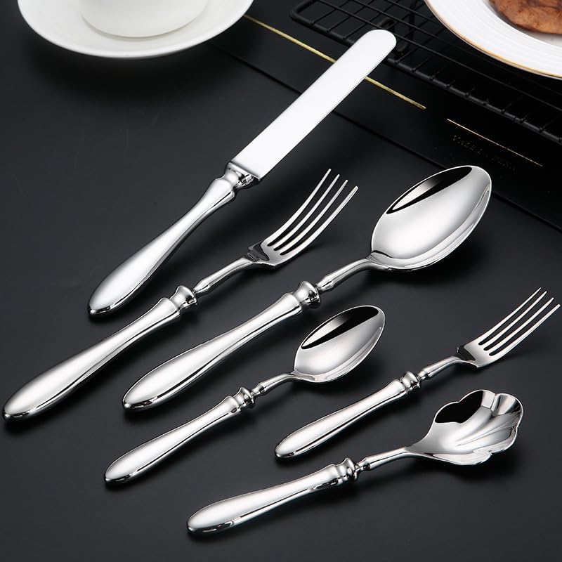Cutlery sets, 6/24/36/48/60/72 pieces, 308 stainless steel oval-handled knife, fork and spoon five-piece set, including steak knife and dessert spoon, household cutlery set.,Silver-72 Pieces for 12