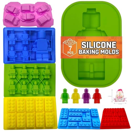 7 Pcs Robot & Bricks Silicone Molds for Chocolate Silicone Crayon Molds Candy Molds Chocolate Molds Design for Baking Ice Gummy Jello & Cake Decorating Fun DIY Kitchen Tool