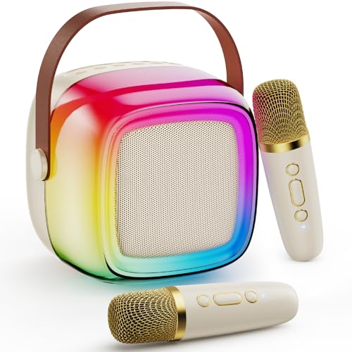 JYX Mini Karaoke Machine for Kids Adults, Portable Bluetooth Speaker with 2 Microphones, Support TF/AUX Input/4 Funny Magic Voice (Rainbow-2 Mic)