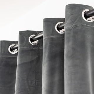 Cotton Market Velour Curtains 270x140cm Grey Opaque with Eyelets | Elegant blackout curtain for balcony windows and doors. Soft curtain rod fabric. Easy to hang