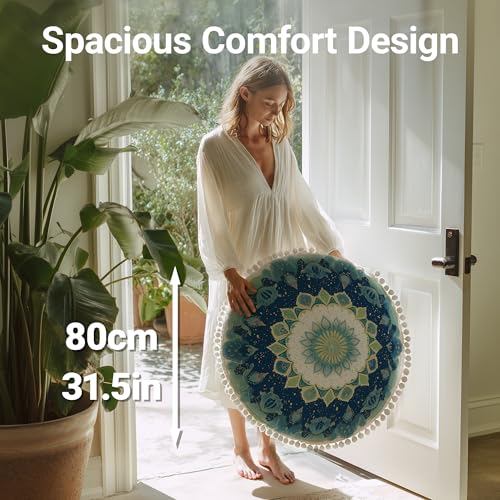 DAWNYIELD Meditationskissen für den Boden, Runde Sitzkissen mit waschbarem und abnehmbarem Bezug, 80 cm Großes Ergonomisches Yogakissen mit Pompon-Dekor, Für Innen- und Außenbereich, grün