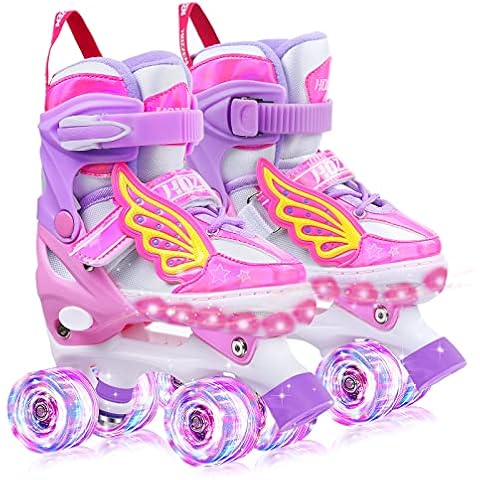 Hozzen Girls Roller Skates - LED Light Up Roller Skates Kids Size 10C-13C with Storage Bag, Unicorn Pink Shiny Illuminating Childs Roller Skates for Toddlers Beginner, Children Cover
