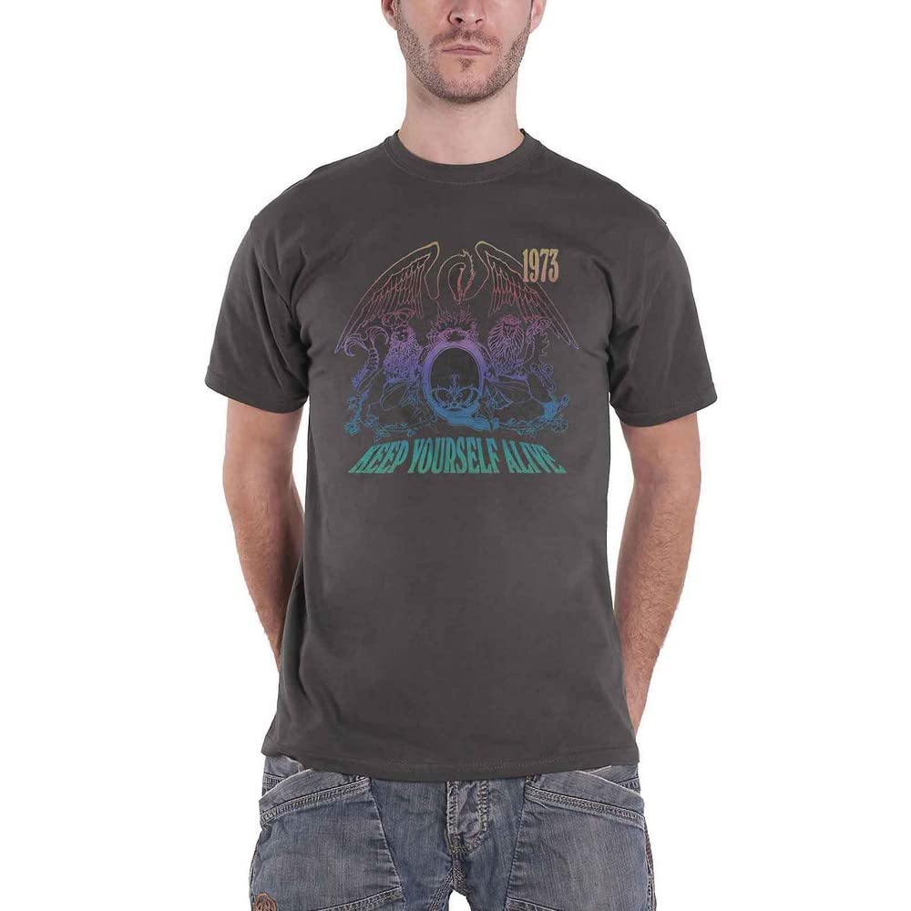 Queen Men's Charcoal Grey T Shirt Keep Yourself Alive Band Logo Official Unisex L