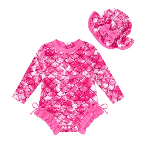 Image of Infant Baby Swimsuit Girl Long Sleeve UPF 50+ Sun Protection One-Piece Rash Guard with Hat Zipper Bathing Suit