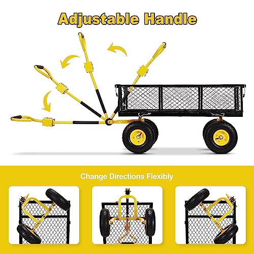 Eusuncaly Steel Garden Cart with Removable Sides, 880LBS Heavy Duty Utility Wagon Cart with Huge Pneumatic All Terrain Tires, Wagon Cart with 180°Adjustable Handle for Garden,Farm,Yard,Black