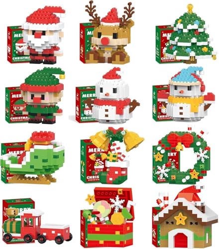 Set di blocchi di costruzione di Babbo Natale, 12 pezzi a tema natalizio, mini figure da costruzione, decorazioni natalizie fai da te per feste, Capodanno, compleanni