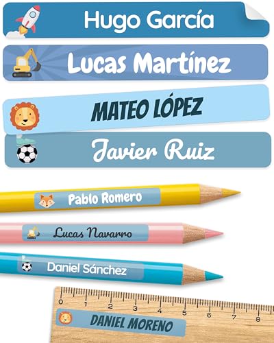 150 Etiquetas adhesivas personalizadas objetos para colegio y guardería   pegatinas personalizadas, etiquetas nombre material escolar   aptas para lavavajillas   Azul