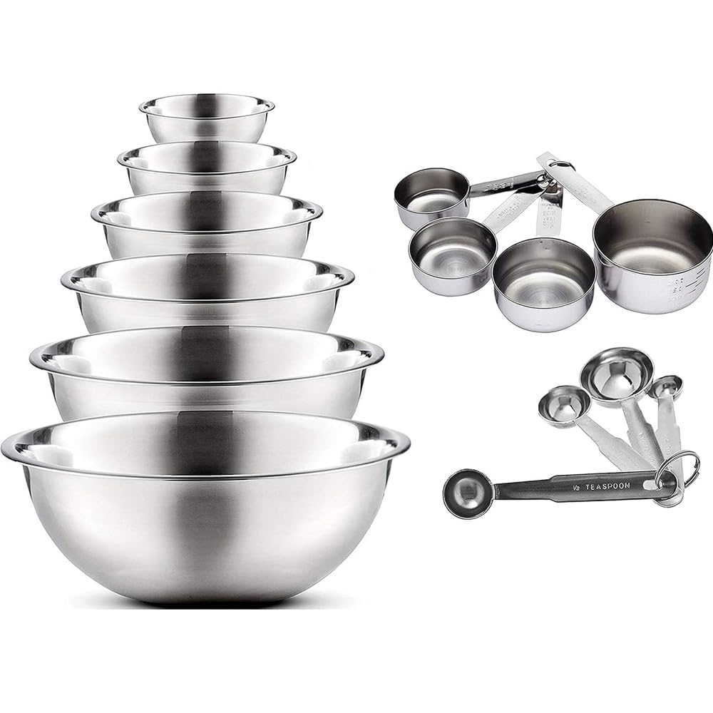 Cuencos para mezclar de acero inoxidable de alta calidad, se anidan fácilmente para ahorrar espacio con tazas medidoras y juego de cucharas, mide ingredientes secos o líquidos, ideal para cocinar