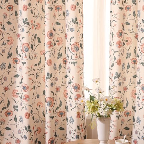 Image of ISAENNE Designer French Linen Printed Curtains,2 Panels,79 inchx53 inch-Daffy | Vintage Elegant Cottage Curtain with Grommets 79 inches long,Floral Pattern Draps,kitchen Bedroom Living Room Window