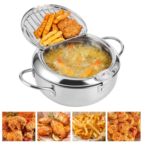 Friteuse japonaise Tempura en acier inoxydable avec tamis, thermomètre et couvercle, mini friteuse à huile de 2,2 l (Deep Fryer) pour la cuisine, idéale pour les frites, les ailes de poulet et les