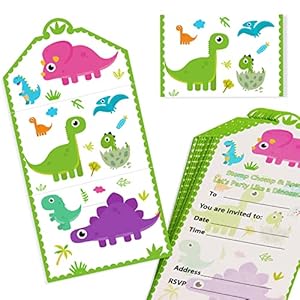 Lot de 16 cartes d’invitation de fête dinosaures – Style enveloppe – Cartes d’invitation dinosaure pour filles et…