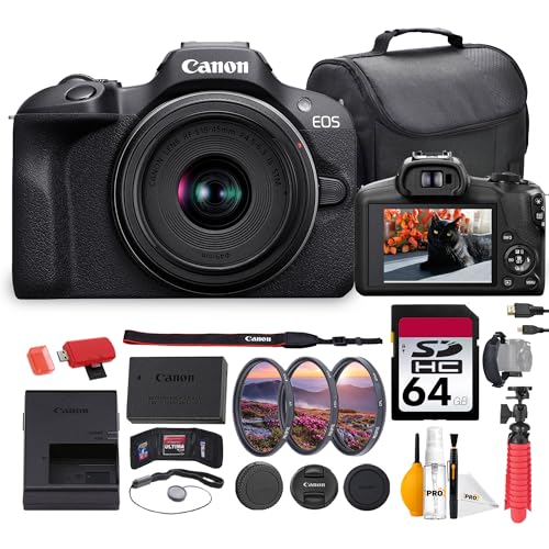 Image of Canon EOS R100 Mirrorless Camera with 18-45mm Lens Bundle | 24.2MP APS-C Sensor, Dual Pixel AF & 4K Video | Great for Beginners, Travel, & Family Photography (6052C012) + 64GB Card + Bag + More