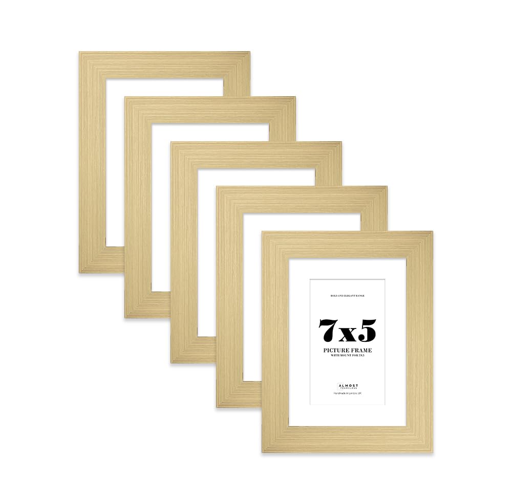 7x5" Gold Frame With Mount for 5x3" Pictures 28mm Edge Portrait and Landscape Display with Wall Hooks and Kickstand, 5 Pack