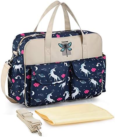 Insular® Multifunctional Waterproof Mummy Shoulder Bag Diaper Bag Chic Nappy Changing Bag Tote/Messenger Style Large Light Weight with Changing Mat, Adjustable Straps (Unicorn Navy)