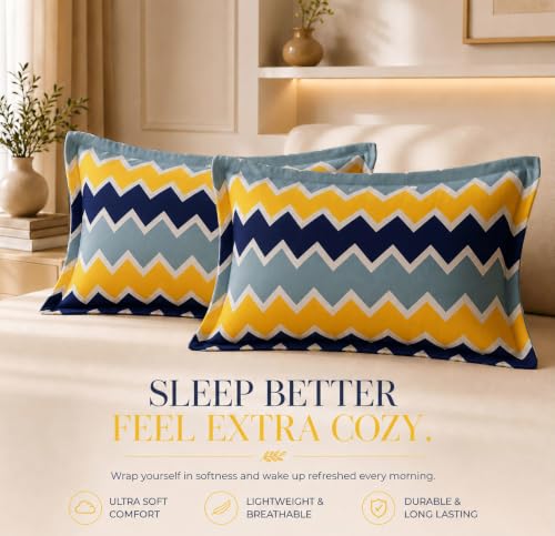 Image of HOMEKART Glace Cotton 160 TC Multi Printed Double Bedsheet with 2 King Size Pillow Covers | Soft & Durable | 86 x 88Inches (Yellow & Grey)