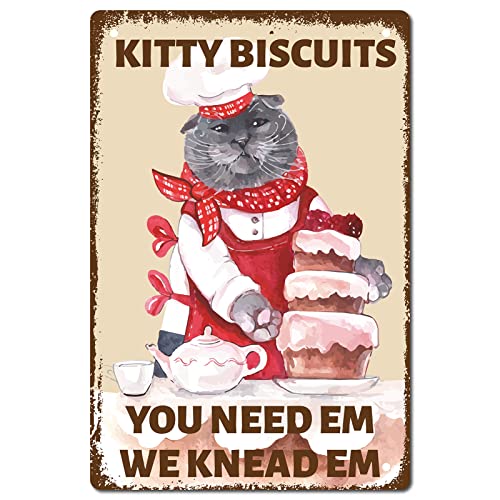 CREATCABIN Metall-Blechschild Mit Katze Kitty Biscuits Lustiges Schild Vintage-Retro-Poster Badezimmer-Zitat Vintage-Schild Für Bauernhof Bauernhaus Zuhause Küche Café Wanddekoration 8 x 12Zoll