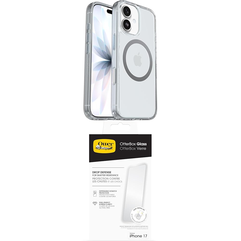OtterBox Symmetry Series Clear MagSafe funda para iPhone 17, Testada 3x con los estándares Militares anticaídas, Transparente + OtterBox Glass Protector de Pantalla de Cristal Templado
