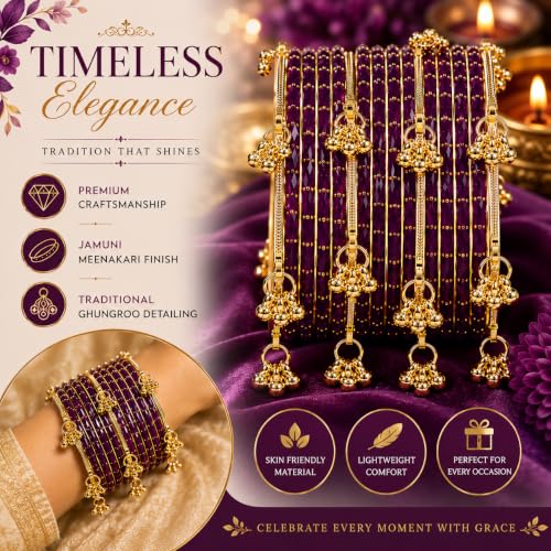 Image of JPS 16 Pcs Trendy Stylish Glass & Kashmiri Ghungroo Bangles Set for Women & Girls | Gold-Plated Traditional Festive Wedding Party Jewellery Chudi Set (12 Glass + 4 Metal)