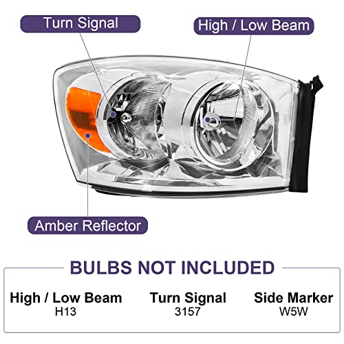 Bincmay Anti-Fogging Headlight Assembly Fit For 06 07 08 2006 2007 2008 Dodge Ram 1500, 06 07 08 09 2006 2007 2008 2009 Ram 2500/3500 Driver And Passenger Side (Chrome Housing Amber Reflector) #TOP1
