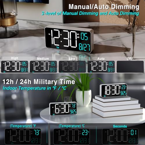 Image of KOSUMOSU Digital Alarm Clock for Bedroom,6.7in Small Digital Clock,Auto Dimming,Date,Day of Week,Seconds or Indoor Temp,LED Alarm Clocks for Living Room,White Desk Clocks for Bedrooms