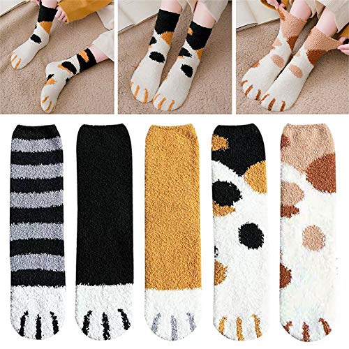 5pares Calcetines difusos Garra de gato para mujere Niña, Animal lindo Calcetines suaves y esponjosos Felpa Terciopelo de coral Calcetines femeninos cálidos Zapatillas dormir Suelo Otoño Invierno