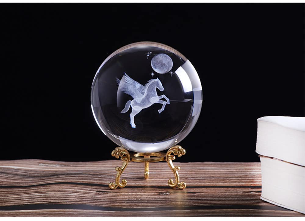 VVW&LIU Bola de Cristal de Pegaso en Miniatura grabada en 3D de 80mm, Esfera Artesanal de Cristal, Adorno de decoraci¨®n del hogar, Regalo de Cumplea?os, con Base Dorada de 80mm
