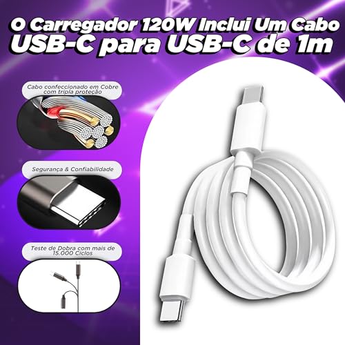 Kit Carregador Super Turbo 120W Porta Dupla (USB-C + USB-A) + Cabo USB Tipo C de 1m, Compatível com