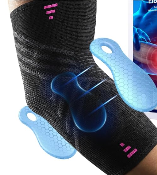 AOOWU Codera Epicondilitis para Codo de Tenista y Golfista, Coderas Deportiva para Tendinitis y Codera Tendinitis, Codera de Compresión, 2 Almohadillas de Silicona 3D, para Padel, Gym y Trabajo (M)