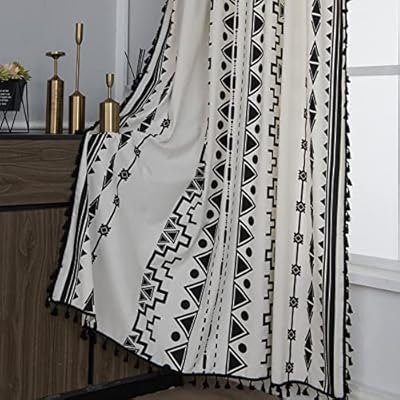 Sutuo Home Black and White Boho Curtain 84 Inches Length for Bedroom, Printed Cotton Linen Geometric Rod Pocket Chic Semi Blackout Bohemian Tassels Window Treatment, 1 Panel 59" W x 84" L