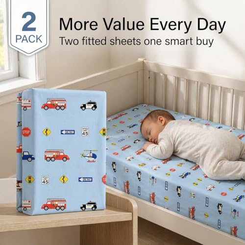 Image of Everyday Kids 2 Pack Fitted Boys Crib Sheet, 100% Soft Breathable Microfiber Baby Sheet, Fits Standard Size Crib Mattress 28in x 52in, Nursery Sheet - Rescue /Blue