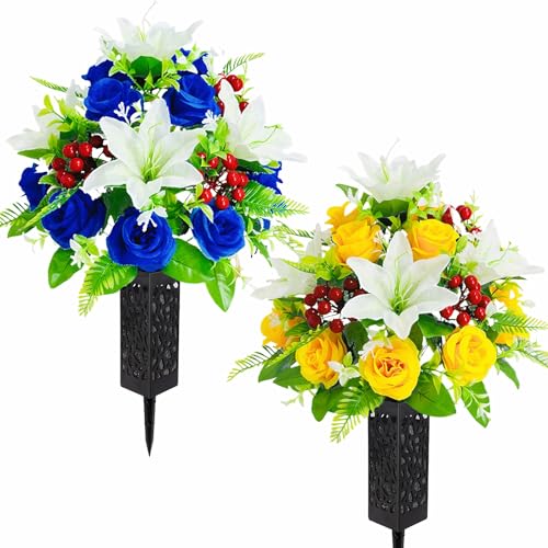 2 Sets Artificial Silk Cemetery Flowers Blue & Yellow Flowers for Grave