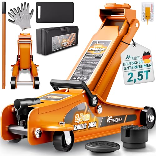 TRESKO® Wagenheber hydraulisch 2,5T Hubhöhe 85-385mm mit Koffer | Hydraulik KFZ Rangierwagenheber flach für tiefergelegte Autos - 360° Rollen inkl. 2X Gummiauflage, Kniematte, Handschuhe, Profilmesser