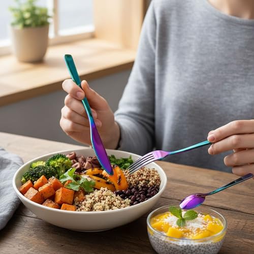 Image of 24 Pcs Rainbow Mirror Polish Stainless Steel Cutlery Set for Dining Table with Spoons and Forks Set + Butterknives - The Perfect Tableware /Flatware