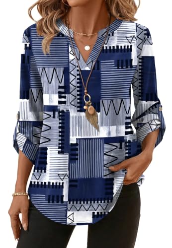 Image of XIEERDUO 3 /4 Length Sleeve Womens Tops V Neck T Shirts Both Side Buttons Blouses Business Casual Outfits Loose Fit