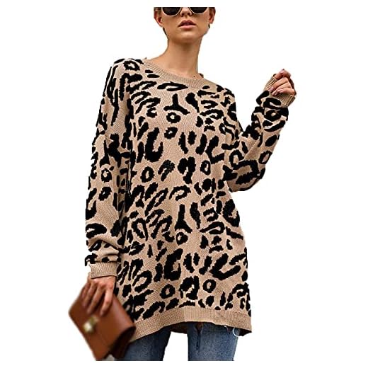 WZXHNYYZYQ Höst och vinter mode casual dam tröja leopard tryck flerfärgad rund hals tröja damer, kaki, XL