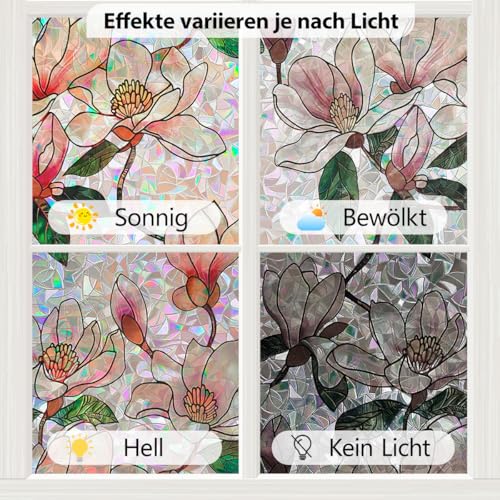 Aurathon Fensterfolie Blickdicht Sichtschutzfolie Fenster Fensterfolie Bunt mit 3D Regenbogen-Effekt mit Montagematerial Selbsthaftend Anti-UV Statische für Schlafzimmer Büro Wohnzimmer 44.5x200cm